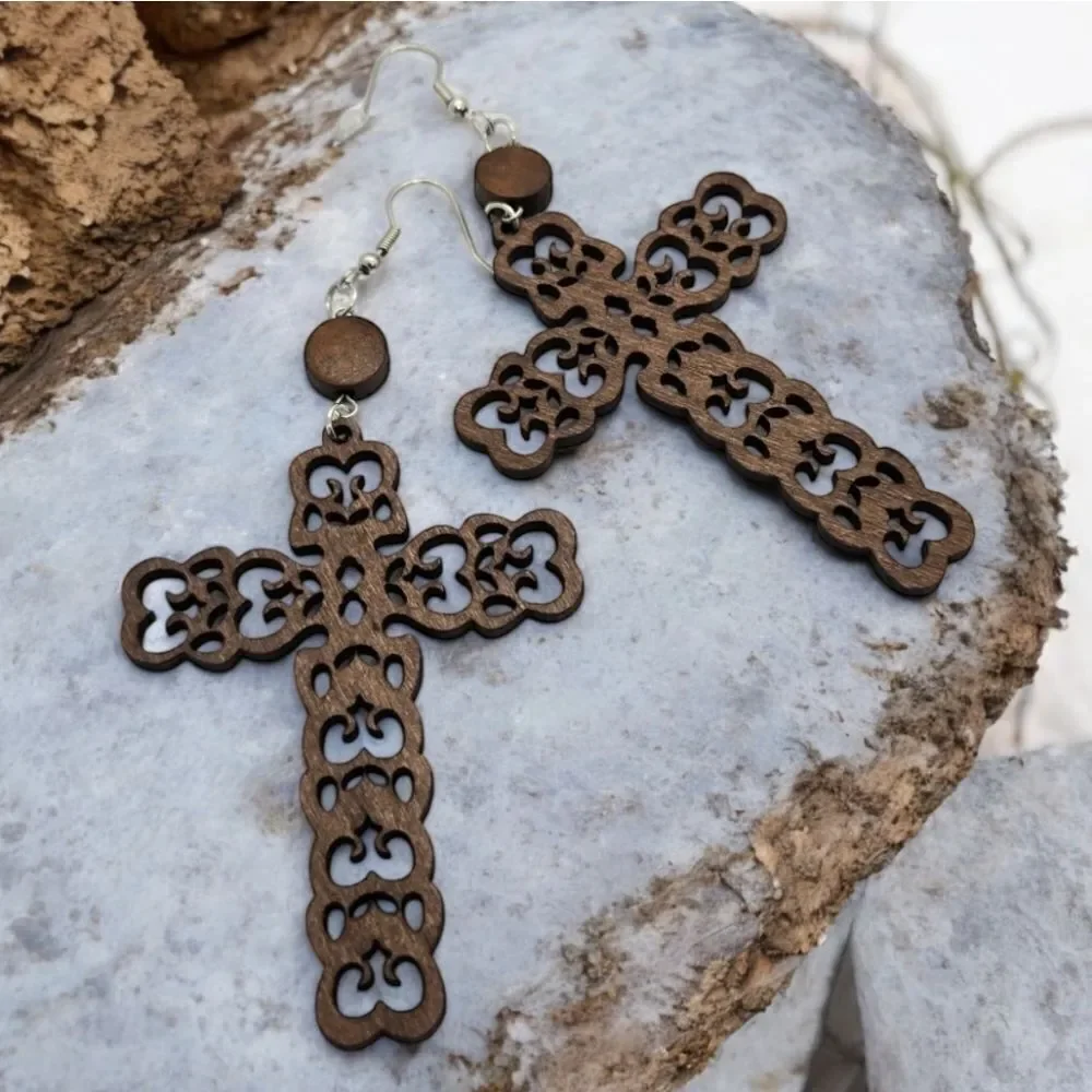 Large Ornate Wooden Cross Earrings Christian Prayer Pendant Religious Jewelry